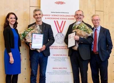 Prof Tim Spector (center left) and Prof Pascal Hols (center right) received their awards during a ceremony held yesterday at DuPont Nutrition & Biosciences’ Campus in Brabrand, Denmark. Pictured with Angela Naef, DuPont Nutrition & Biosciences’ Global Leader for Technology & Innovation and Danisco Foundation board member (left) and Dr. Andrew Morgan, DuPont Fellow and Chief Scientist at DuPont Nutrition & Biosciences (right).